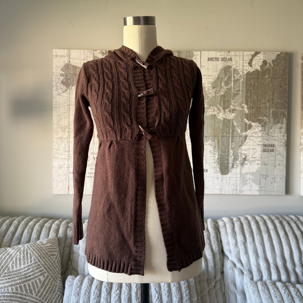 Girls Brown Cable-Knit Hooded Sweater Cardigan